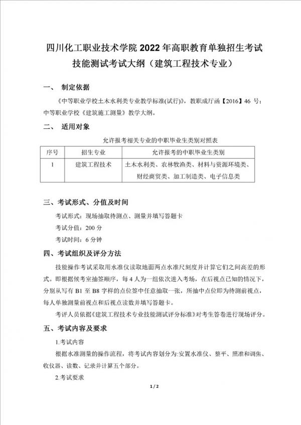 四川化工职业技术学院2022年单独招生技能综合测试大纲-建筑工程技术专业 