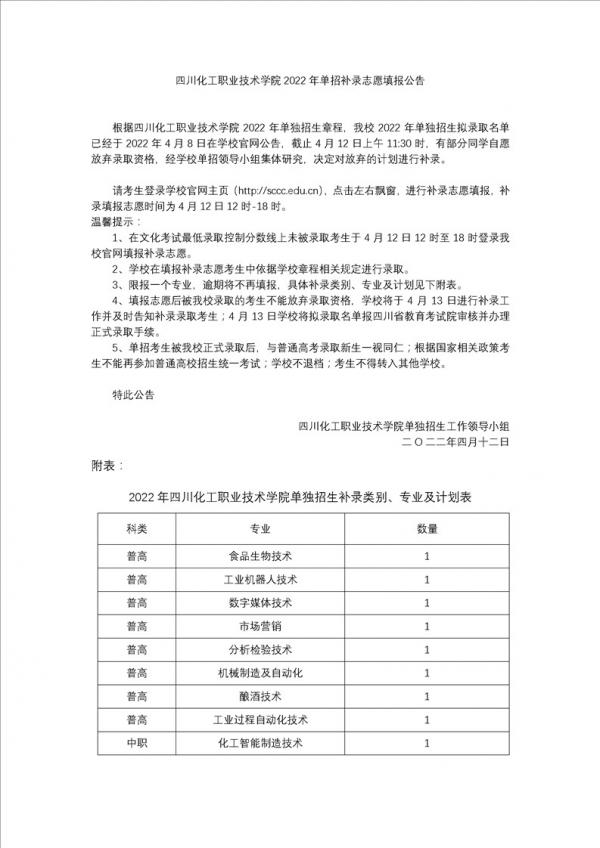 四川化工职业技术学院2022年单招补录志愿填报公告 