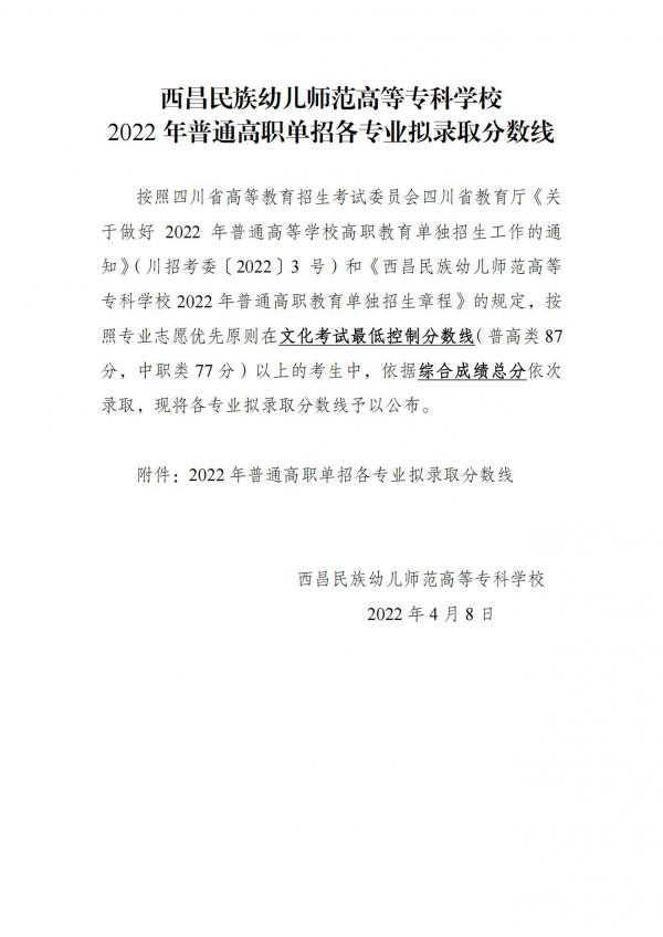 西昌幼儿师范高等专科学校2022年普通高职单招各专业拟录取分数线